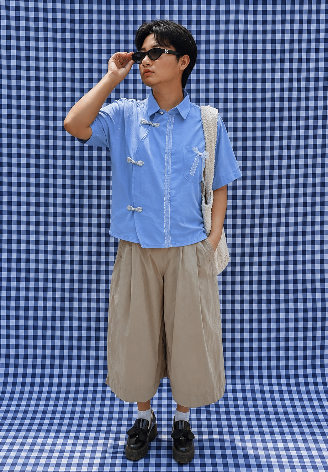 FORMAL CHEONGSAM BOXY SHIRT -Sky Blue