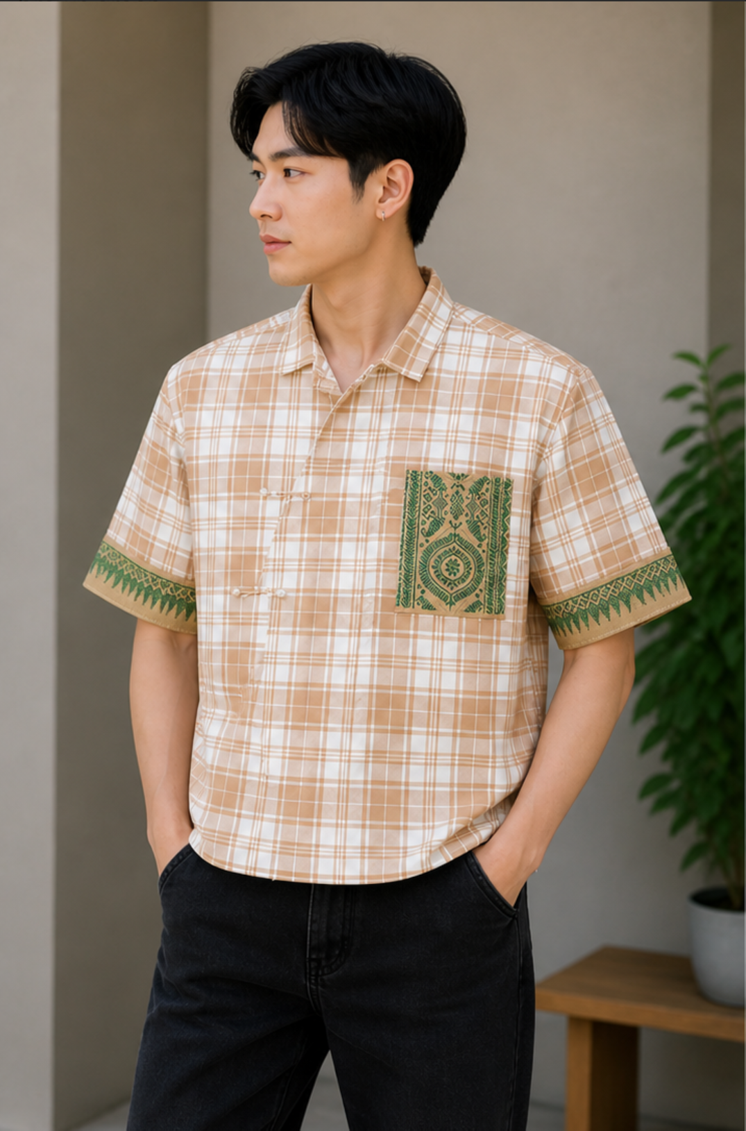 MODERN CHEONGSAM BOXY SHIRT CARAMEL