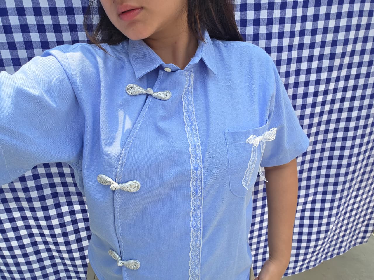 FORMAL CHEONGSAM BOXY SHIRT -Sky Blue