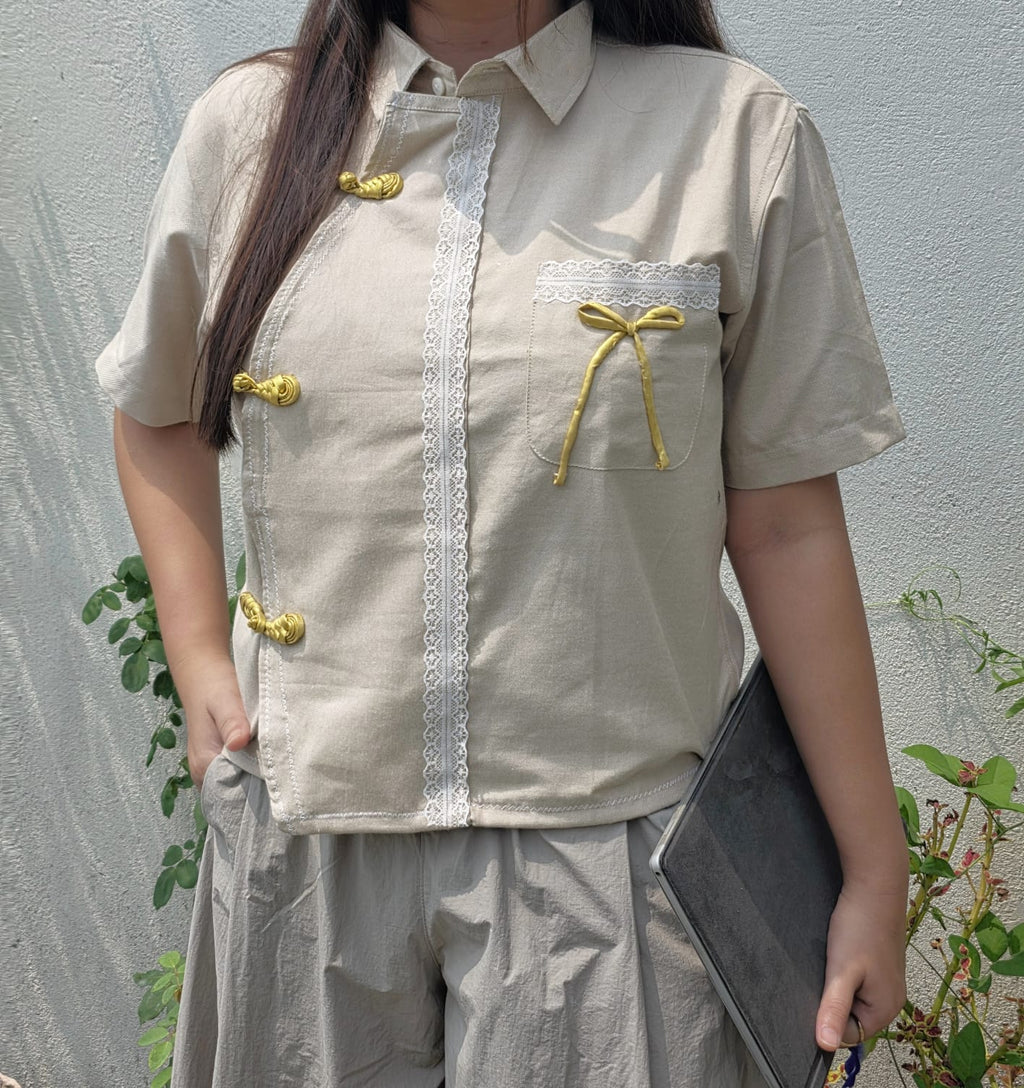 FORMAL CHEONGSAM BOXY SHIRT - Beige