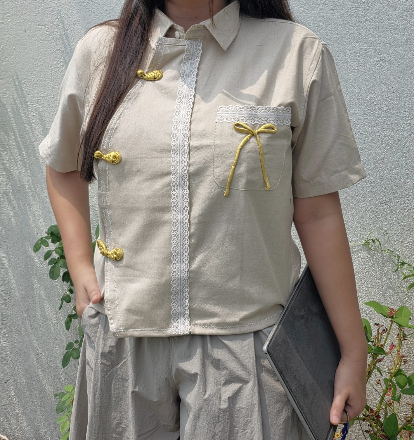 FORMAL CHEONGSAM BOXY SHIRT - Beige