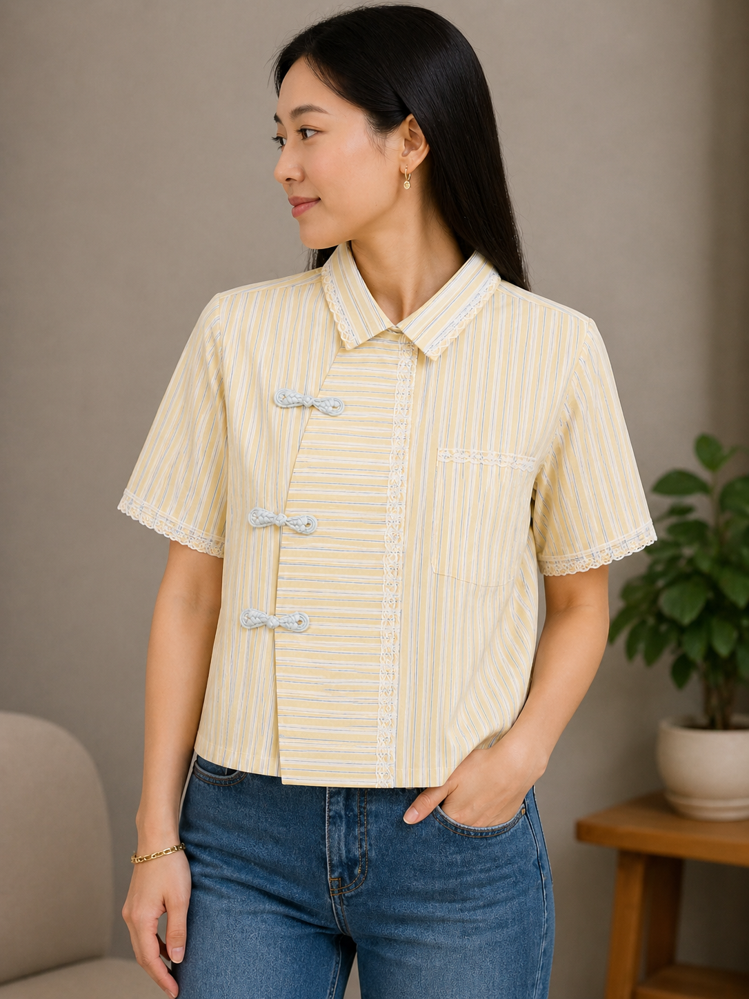 MODERN CHEONGSAM BOXY SHIRT PASTEL YELLOW